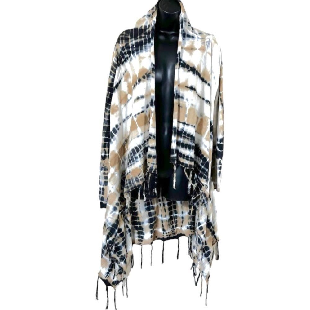 Soft Surroundings Tan Black Tie Die Fringe Open Front Drape Cardigan